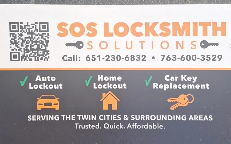 Back of the SOS Locksmith Solutions business card listing auto lockout, home lockout and car key replacement with 651-230-6832 and 763-600-3529