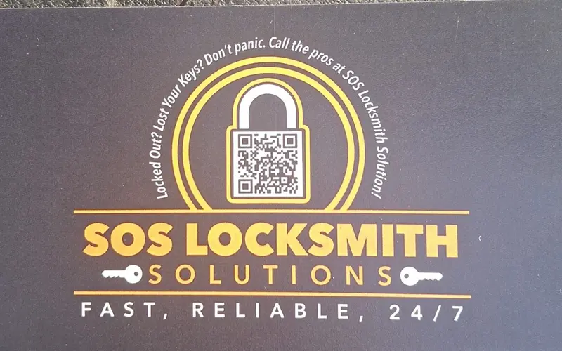 Front of the SOS Locksmith Solutions business card: the padlock logo and the words Fast, Reliable, 24/7