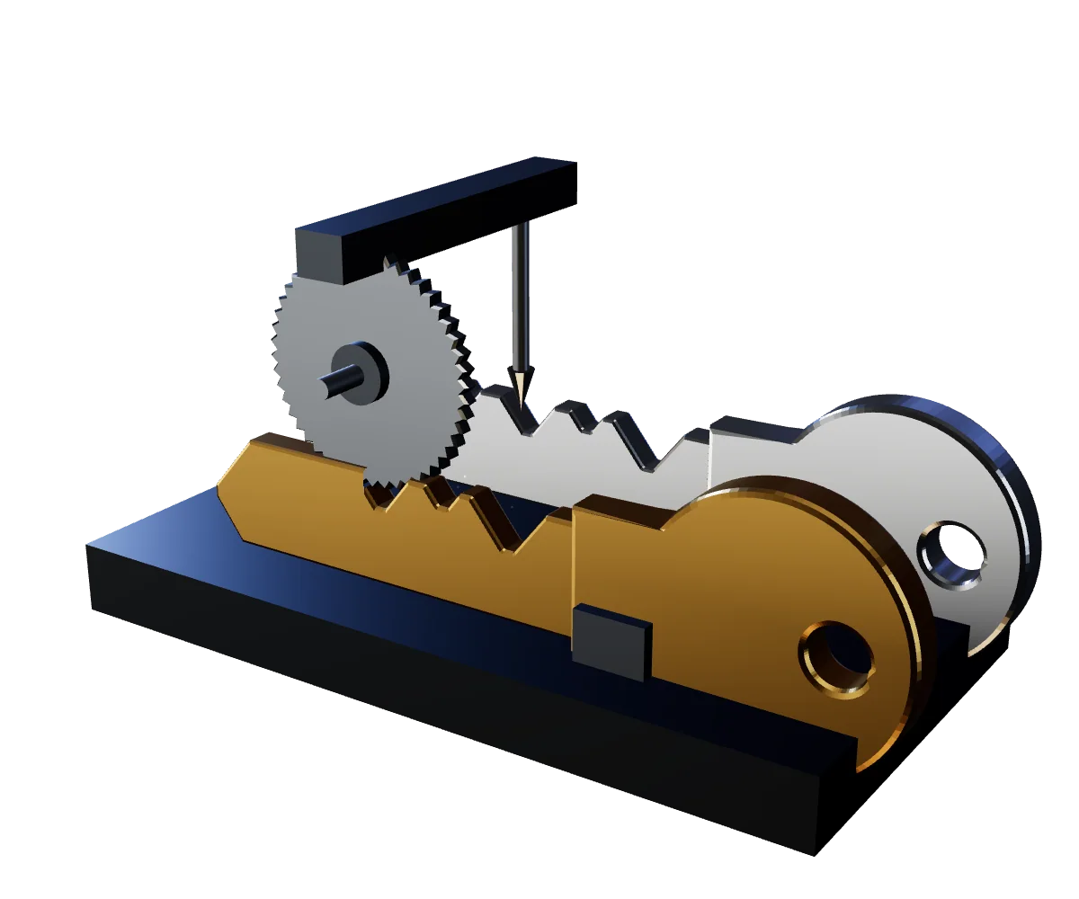 3D animation of a new key being cut on a key cutting machine