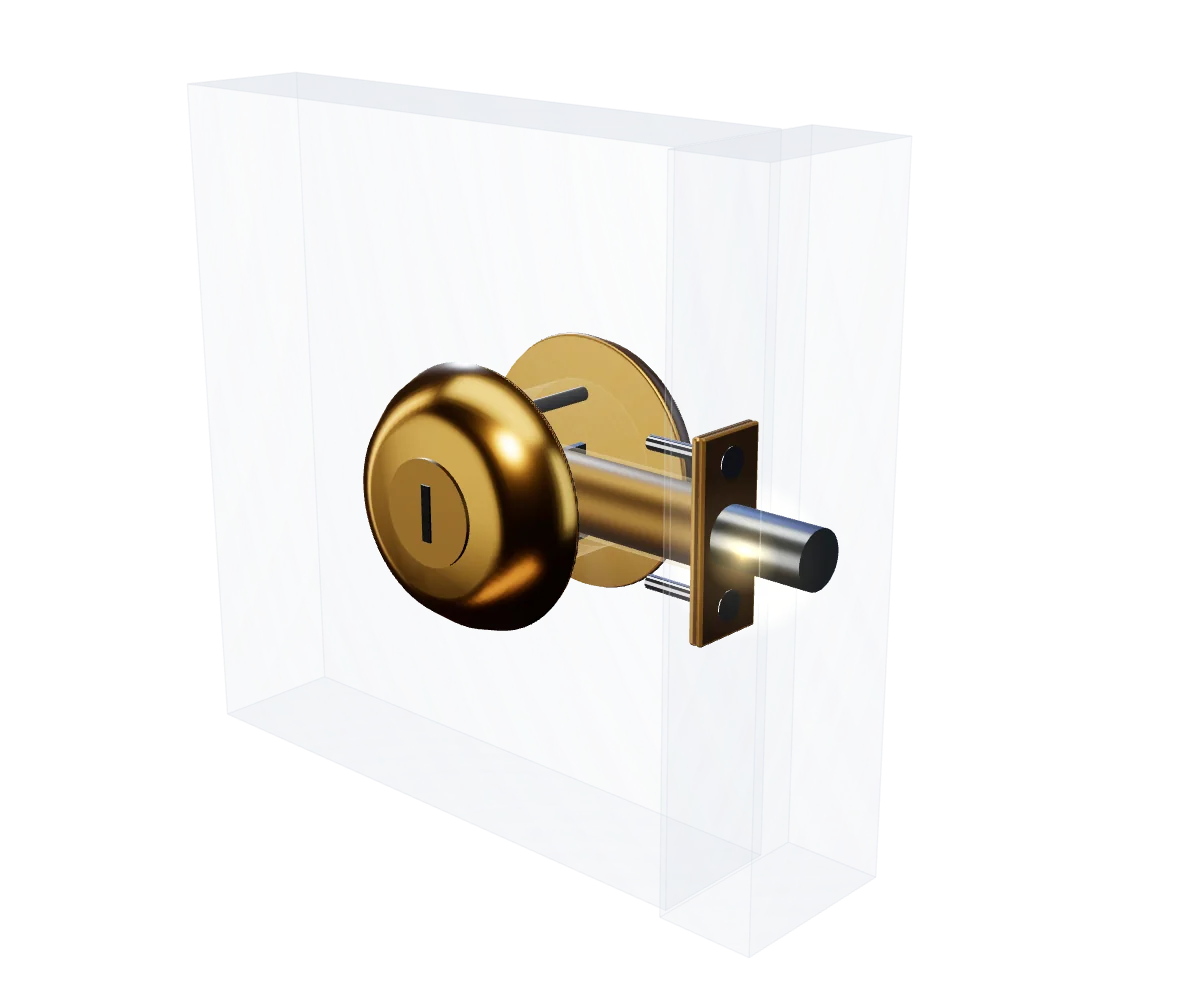 3D animation of a deadbolt assembling into a door: cylinder, bolt, thumb turn and screws