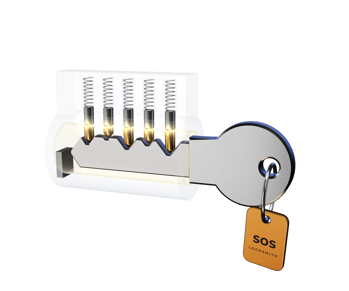 3D illustration of a key lifting the pins inside a lock cylinder until the lock turns